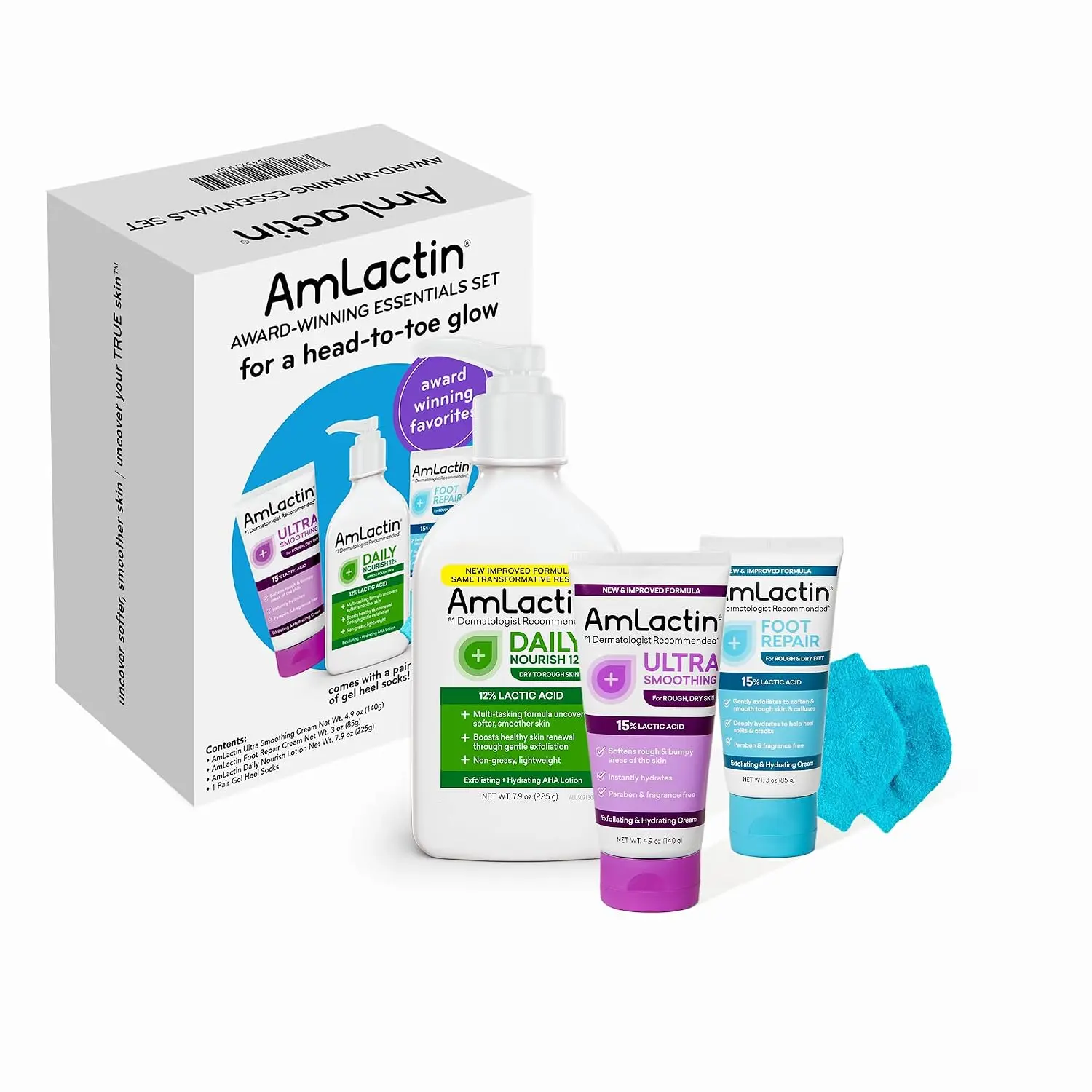 Amlactin Essentials Hydrating Skin Care Set - Lactic Acid Body & Foot Care Gift Set with Lotion, Smoothing Cream, Foot Cream & Socks for Exfoliating & Renewing Skin