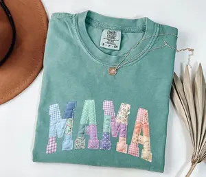 Comfort Colors Faux Patchwork Floral Mama T-shirt, Faux Embroidered Mom Shirt, Varsity Mom Tee, Patchwork Mama T-shirt