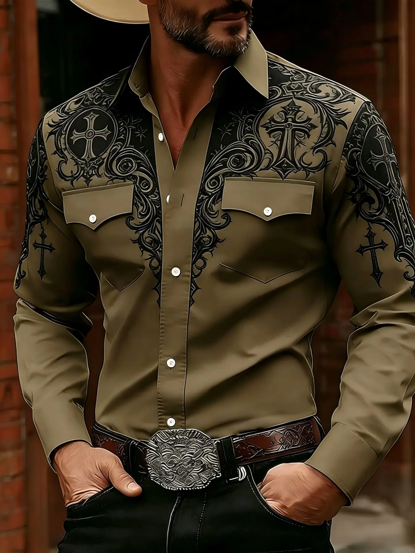 Men's Casual Western Collared Long-Sleeve Shirt with Cross Scroll Digital Graphic Print Design, Casual Country Shirt, Casual Fashion Shirt, Ideal Gift for Holidays, Menswear for Daily Wear and Parties