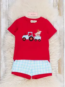 Little Tractor Helper Embroidered Plaid Outfit