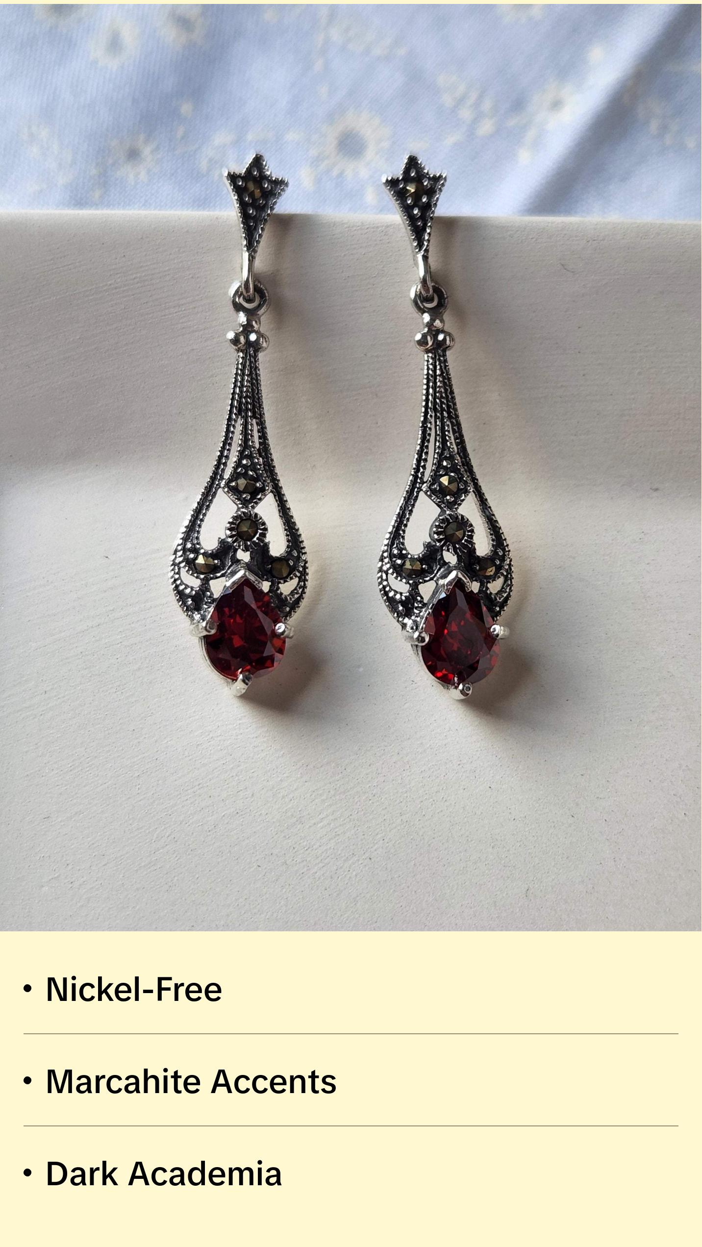 Victorian Gothic Red Glass & Marcasite Filigree Earrings | Romantic Dark Academia Aesthetic