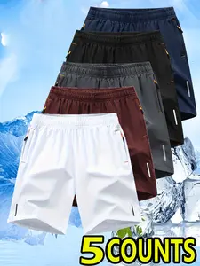 Men’s solid-color fashion athletic shorts, 5-pack, drawstring with zippered pockets, suitable for summer training and everyday wear