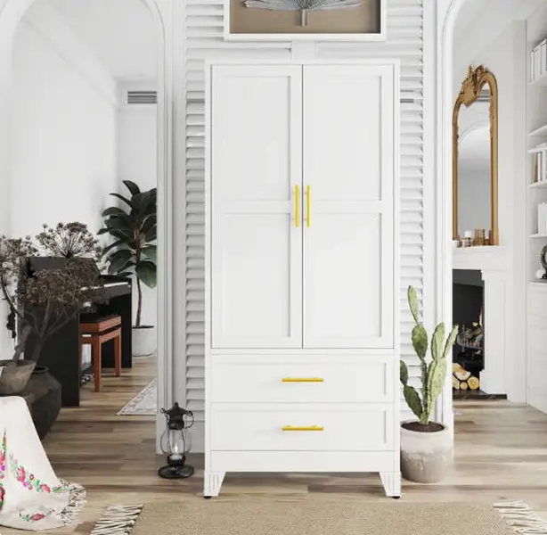 Metal Armoire Wardrobe Closet 71" Tall Bedroom Closet with Mirror 2 Drawers Adjustable Shelves and Hanging Rod Steel Clothes Closets and Storage for Bedroom