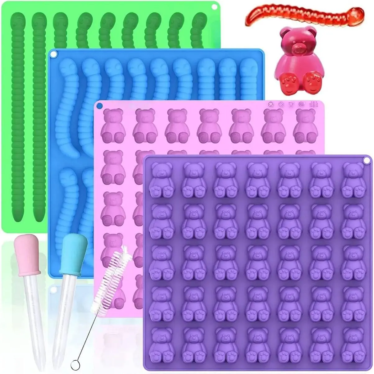 4-Piece Large Flexible Silicone Gummy Bear & Worm Molds Set - BPA-Free, FDA-Certified Food-Grade Kitchen Bakeware, 100 Cavities (12ml Worm Cavity, 0.85in Width), 2 Droppers, 1 Brush, Easy Release for Candy & Chocolate, Ideal Halloween Gift for Adults