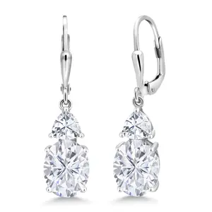 Gem Stone King Leverback Dangle Earrings For Women | Gemstone Birthstone and White Moissanite | 925 Sterling Silver | Oval 10X8MM | Trillion 5MM | Elegant Drop Design | Gift for Her Wife Mom