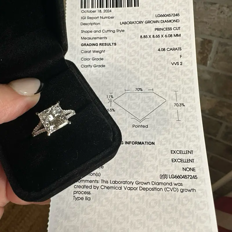 4.08 Carat Princess Cut Lab-grown Diamond Ring with F Color & VVS2 Clarity Grade LG660457245