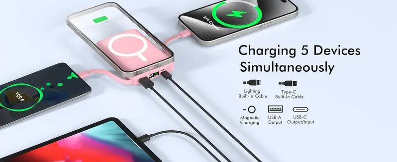 Podoru 10000mAh Silicone Portable Powerbank - Compact Magnetic Fast Charging, LED Display, Dual USB-C & Lightning Cables, USB Output, Protection, Emergency Power for iPhone 12-17 Series, Smartphone Mobile Device Accessories, Back-to-School Essential