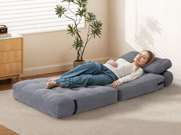 【Valentine’s Day Gift】Sofa Bed Convertible 3 in 1 Folding Couch with Headrest Lumbar Pillow & Comfortable Shredded Foam Filling for Living Room Bedroom Single Size