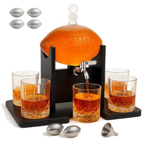 Football Whiskey Decanter Set for Men, 47oz Liquor Decanter Set with 2 Glasses + 2 Footballs Chillers, Gifts for Dad, Husband, Boyfriend, Coach, for Liquor, Bourbon, Scotch, Vodka