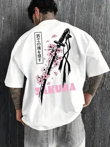 [Japanese Katana T-Shirt] Men's Casual Japanese Katana Cherry Blossom Graphic T-Shirt |   Loose Fit Short Sleeve Crew Neck, Lightweight Polyester, Machine Washable |   Summer Fashion Tee with Traditional Design, Casual Summer Wear, Japanese Fashion