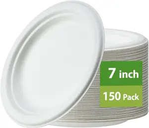 150-Pack 7 Inch Paper Plates, Heavy Duty Disposable Party Plates - Eco-Friendly, Biodegradable Sugarcane Bagasse, White Unbleached 7" Dinner Paper Plate
