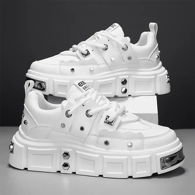 Edgy platform sneakers: punk-inspired metal studded |   street fashion statement |   unisex white platform shoes |   are perfect for skateboarding, partying and everyday wear Athletic Running