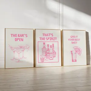 Pink Bar Cart Art Prints Set of 3 – Tequila and Cocktails Wall Art, Modern Home Decor Poster for Kitchen or Living Room, Unframed