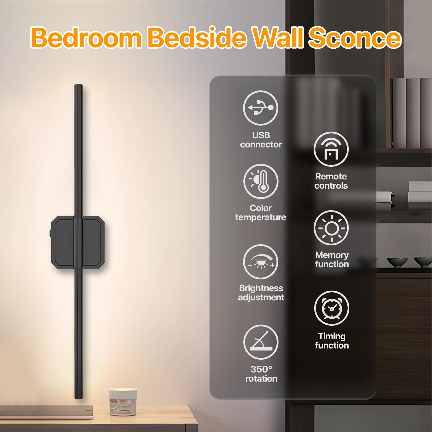 FLOWGO Bedroom Wall Lamps & Sconces With Remote Control, Dimmable Wall Sconces Set Of Two, Led Wall Mounted Light, 10000mAh Battery Operated Wall Sconce, Rechargeable Wall Lamp, 350°Rotate, 3000K-6000K, For Bedroom, Living Room, Hallway