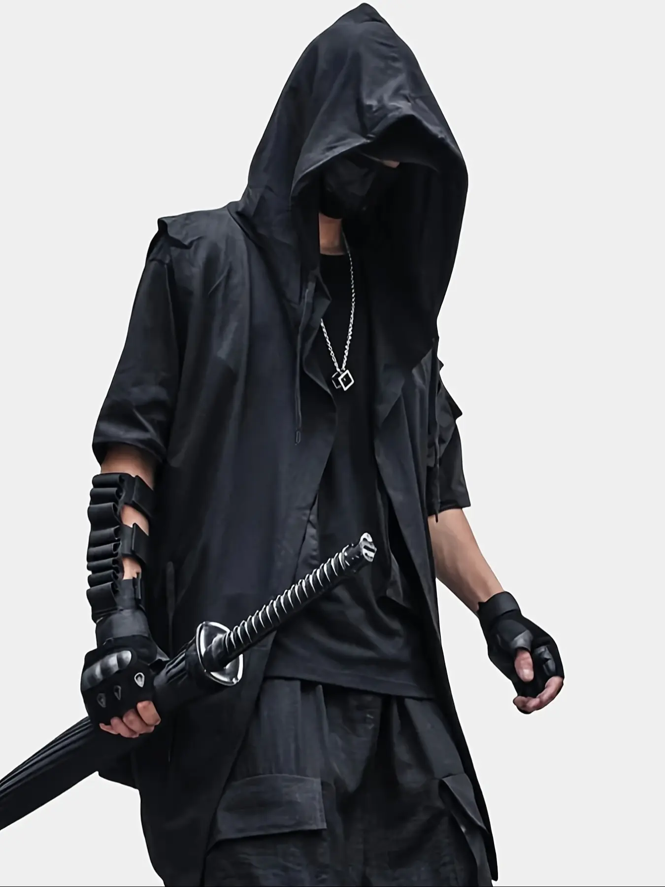 Men's Cyberpunk Ninja Hooded Gilet Vest – Black Streetwear Aesthetic for Futuristic Looks & Edgy Cosplay Costumes