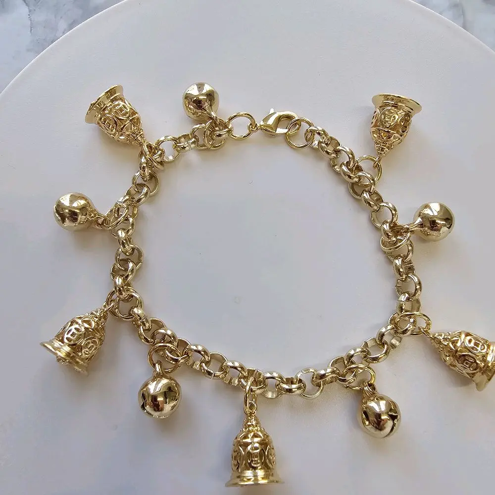fashion jewelry stainless steel gold plated bracelet with bells Pulso de bisuteria de inoxidable laminado en oro con cinco cascabeles y cinco campanas