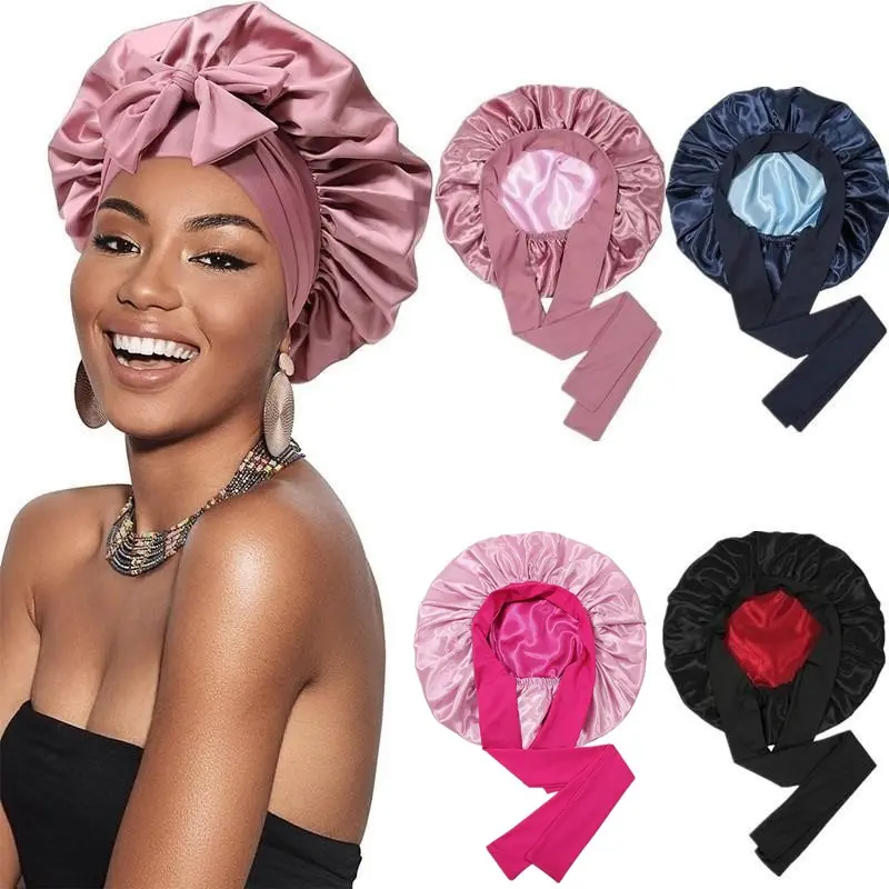 Women's Double Layer Reversible Satin Sleep Bonnet - Silk-Like Heatless Haircare Cap with Elastic Tie Band, Cute Wrap for Curly Hair, Satin-Lined Accessory, Womens Gifts, Reversible Satin Bonnet