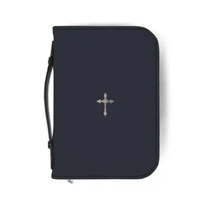 Navy Zippered Bible Cover with Embroidered Cross — Durable Travel Bible Case with Handle