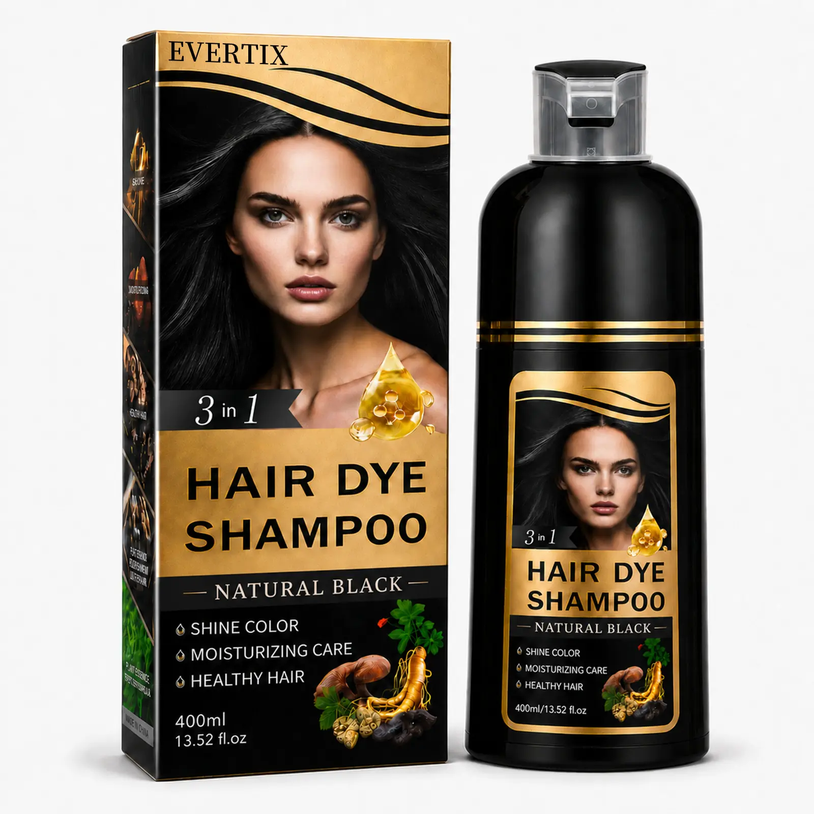 EVERTIX Instant Hair Dye Shampoo, 3-in-1 Hair Color Shampoo for Gray Hair Coverage, Natural Herbal Formula, Easy No-Mess Application, Semi-Permanent Color for Women & Men, 13.52 fl oz