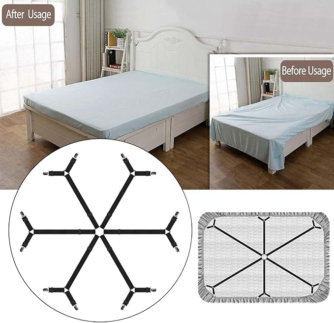 Sheet Fasteners, Adjustable Elastic Bed Sheet Holder Straps for Full,Queen,King Twin Bed,6 Way Cross Sheet Clips Suspenders Band,Fitted Round and Square Mattresses