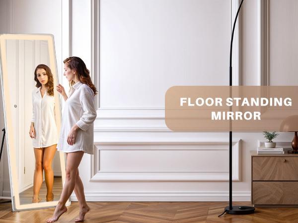 Mirror Full Length Standing with LED Lights, Floor Mirror with Stand, w/Dimming & 3 Color Lighting, Wall Mirror Aluminum Alloy Decor