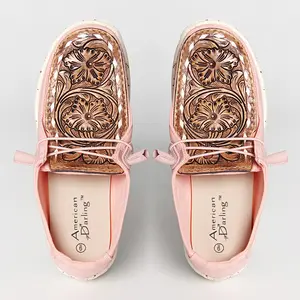 American Darling Hand tooled, carved genuine leather trim lightweight shoe footwear, slip on| Tooled Footwear