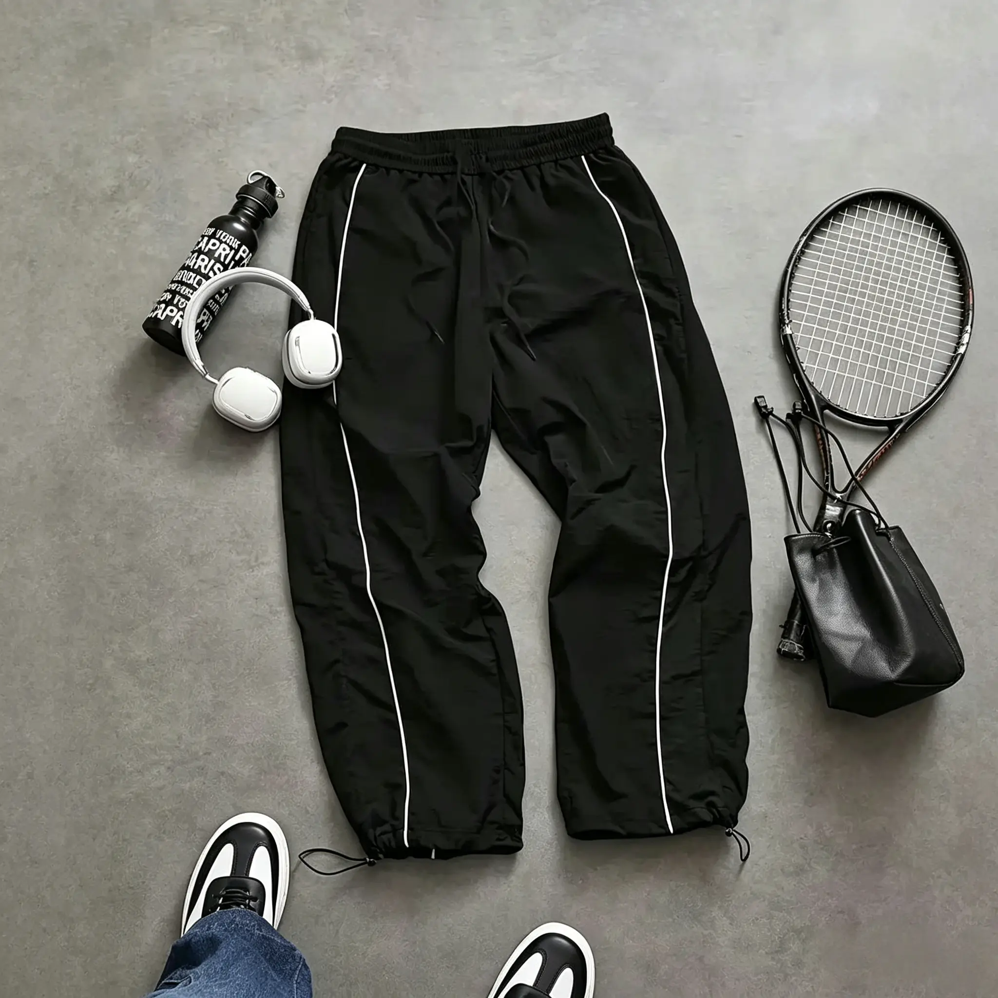 Men’s athletic pants with side white stripes and drawstring cuffs — lightweight, quick-drying casual long pants suitable for tennis, jogging, commuting, and everyday wear.
