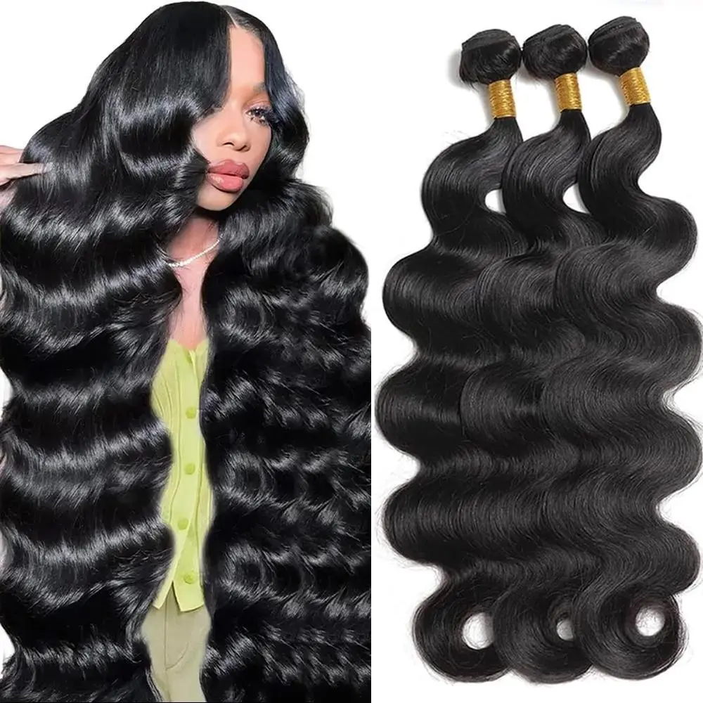 Ramiss 12A Body Wave Human Hair Bundles with 2x6/4x4 Lace Closures, 3 Bundles Straight Hair Extensions for Quick Weave, Sew-In Human Hair Bundles with Closure
