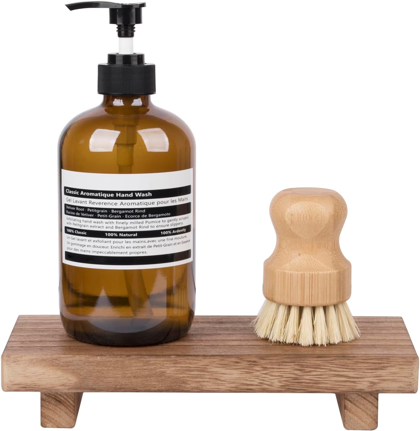 Small Wood Tray Pedestal Stand | Farmhouse Bathroom Decor Riser for Vanity, Kitchen Sink, or Counter – Rustic Soap Dish Holder in Brown Wooden