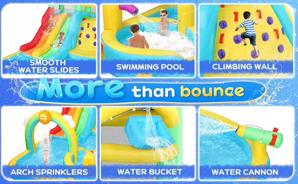 JOYMOR Inflatable Water Slide Bounce House w/Water Bucket, Climbing Wall, Pool, Rainbow Sprinklers, 1min Blow Up Water Slide 10-in-1 for Kids w/Strong Blower, Carrying Bag