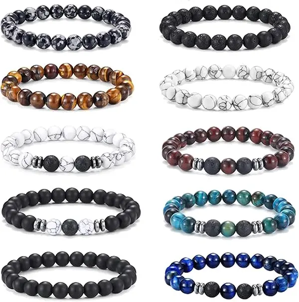 10 Pcs Tiger Eye Bracelet For Men 8MM Natural Stone Beads Bracelet Set Stretch Lava Rock Bracelets Adjustable Black Crystal Beaded Bracelet for Men Women Gifts Trendy Teen Girls Bracelets Set