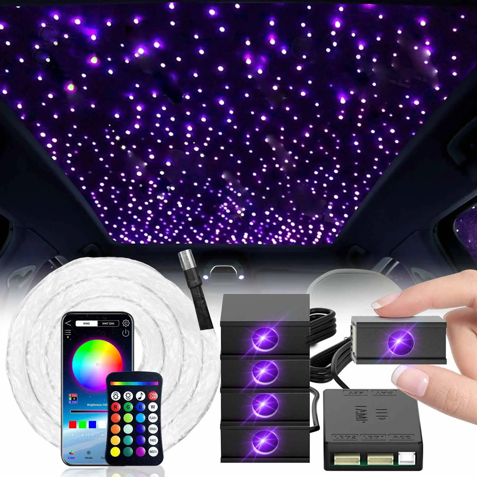 Split Starlight Headliner Kit - 300pcs-1200pcs 0.02in 4.9ft Fiber Optic RGBW Star Lights Starlight Car Roof for Car with 1/2/4 Light Heads 16W Engine Easy to Hide,Flexible Wiring,APP/Remote Control for Car Roof Ceiling