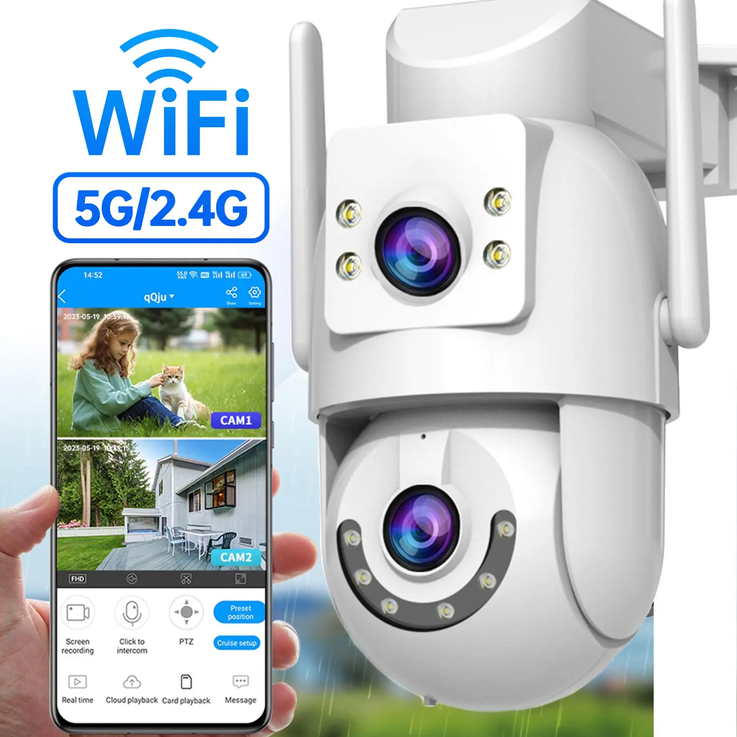 【JOOAN 5G/2.4G Outdoor Dual-Camera CCTV Security Camera】5G WiFi Dual-Lens Dual-Screen Camera, Two-Way Audio, Full-Color Night , Automatic Alert Push Notifications, 360° PTZ, Two Cameras In One, IP66 Waterproof, Auto-Tracking Monitor For