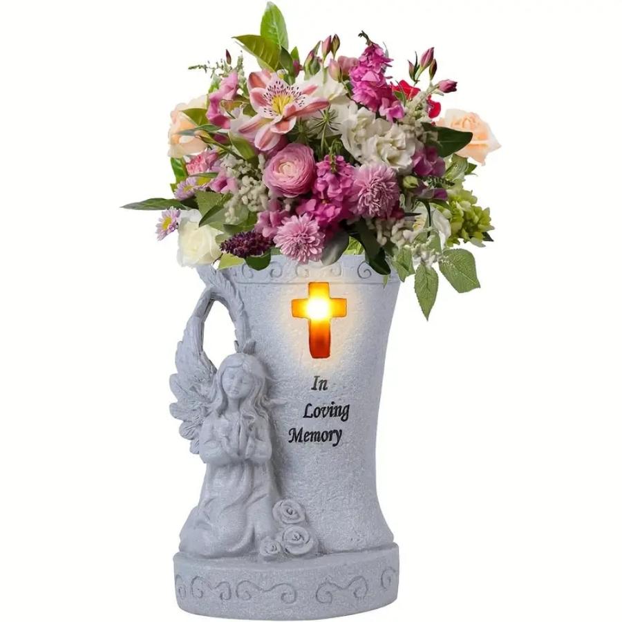 White Religious Heaven Angel Wing Cross Synthetic Figurine - Solar LED Light Resin Vase Ornament, Graveyard Bereavement Memorial Gift for Relatives (Figurines, Statues & Bobbleheads Category)