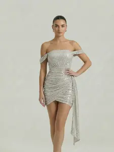 LikeMyChoice 2026 Silver Sequin Off Shoulder Ruched Mini Dress with Draped Sash for Formal Events & Cocktail Parties - Fabric formaldresses weddingguestdress