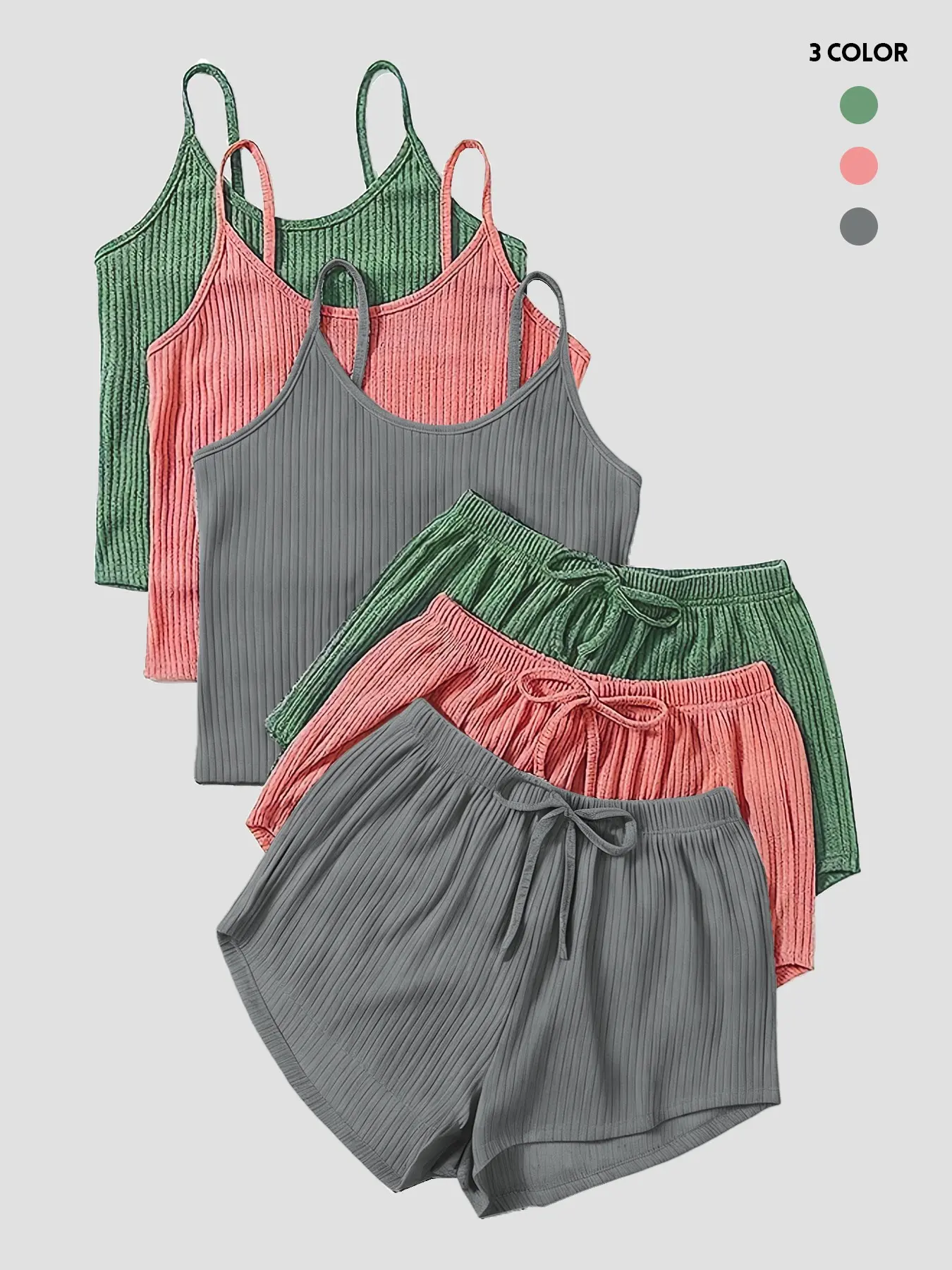 Six-Piece Set Women's Basic Plain Fitted Ribbed Shorts Set, Casual Feminine Soft Spaghetti Strap Cami Top & Elastic Waist Shorts Set, Summer Clothes, Cute Summer Outfit for Outdoor Holiday