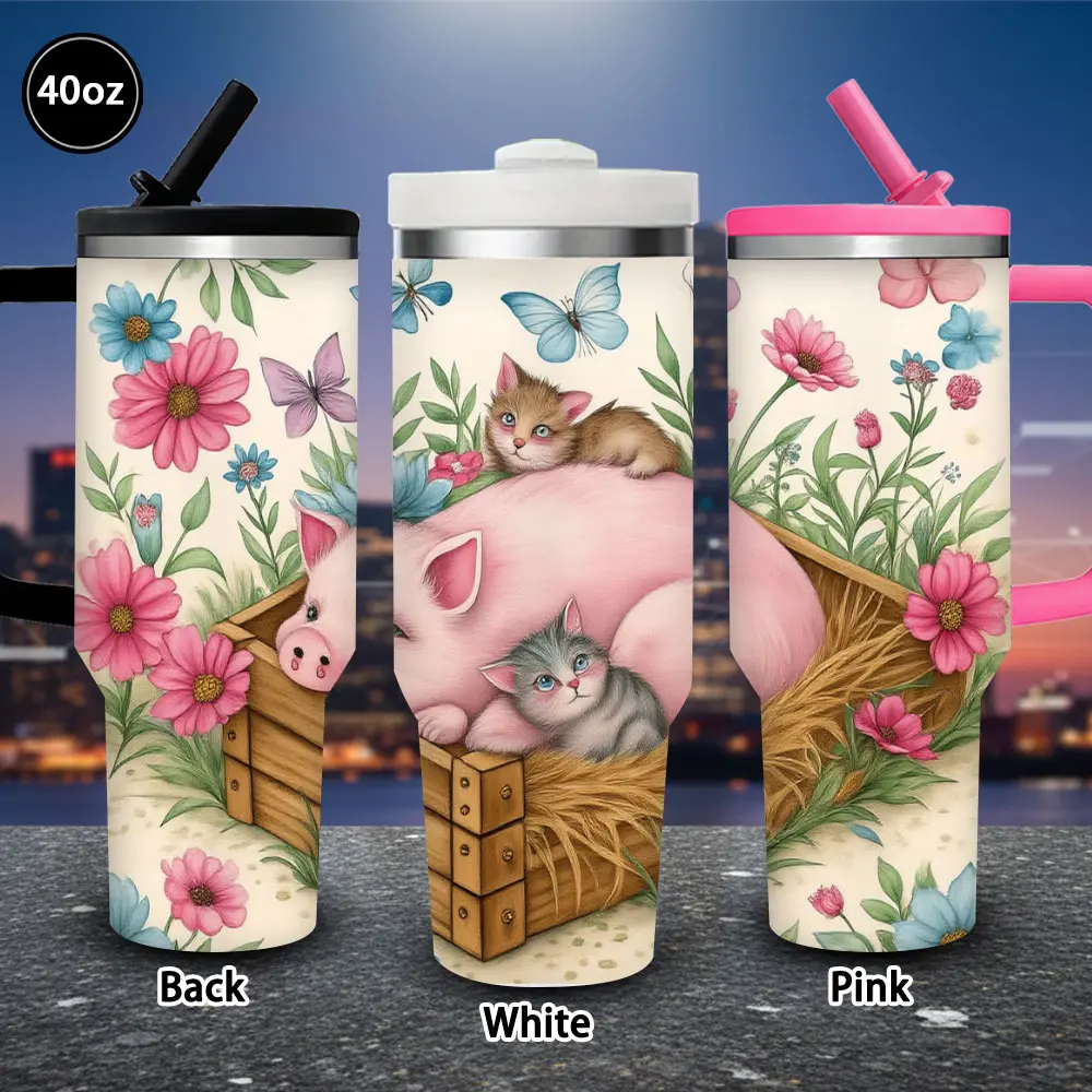 1 pc 40 oz (1,000-2,000 ml) Novelty Leak-Proof Pig & Kittens Insulated Vacuum Flask with Lid & Straw - Easter Kitchenware Travel Mug for Women, Ideal for Iced/Hot Drinks