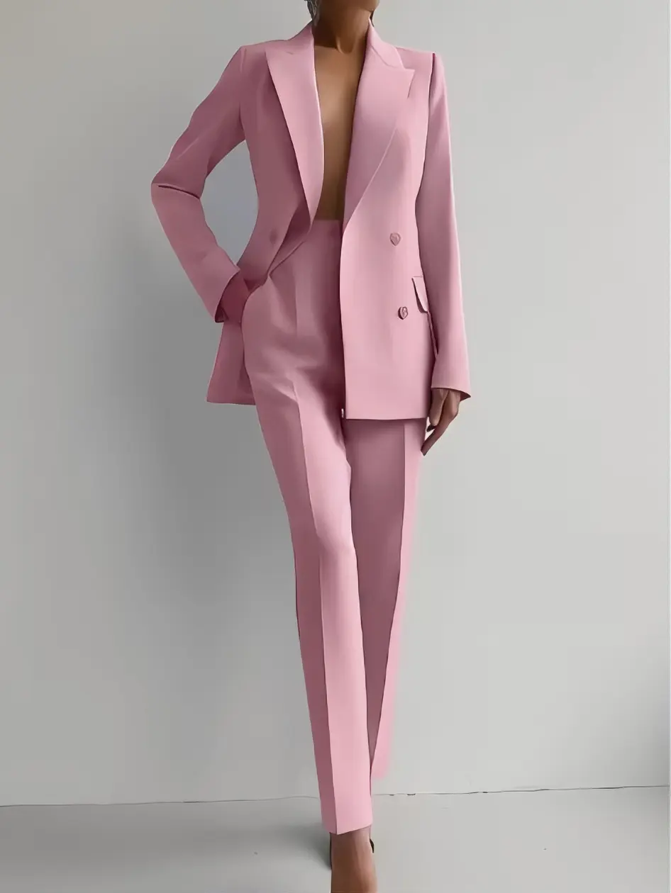 Elegant Office Two Piece Suit Notched Lapel Double Breasted Open Front Tailored Jacket High Rise Pleated Slim Fit Cropped Trousers Women Business Co-ord Outfit