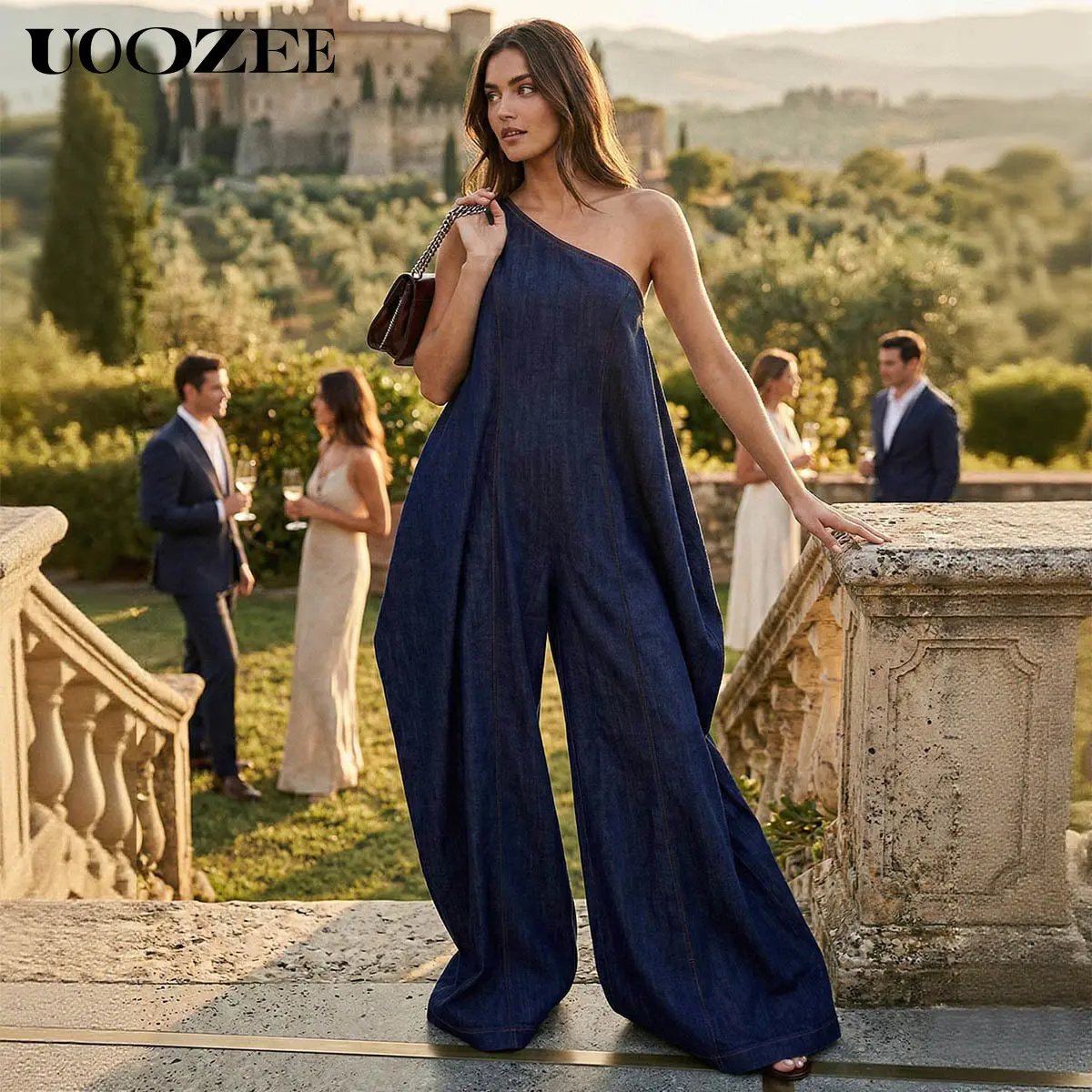 UOOZEE Women's New Summer Casual 100% Cotton Tall Ladies Oversized Hem Asymmetric High Waisted One-shoulder Denim Jumpsuits, Sleeveless Wide Leg Overalls Floor-Length Jumpsuit, Dark Wash Denim Romper(Overall fit is loose please order one size smaller), St