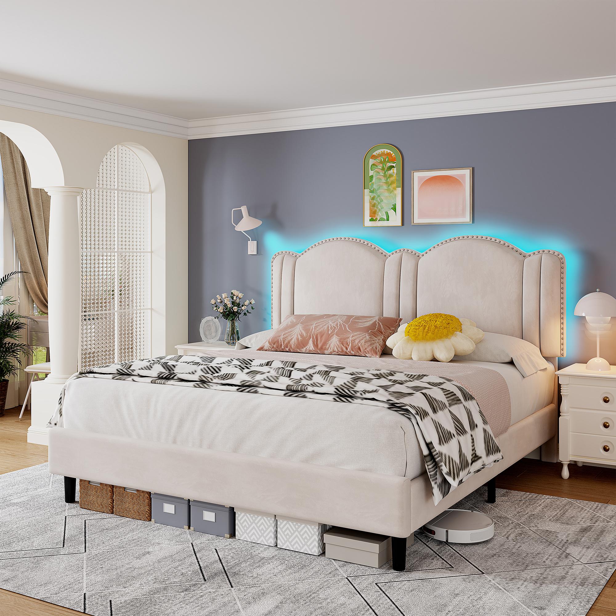 Raybee Furniture Full/Queen Size Upholstered Bed Frame with Velvet Cloud Headboard, Pink Princess Bed Frames with Storage Drawer and LED, Headboard Height Adjustable, Strong Support, No Box Spring Needed, Easy Assembly [Black Friday]