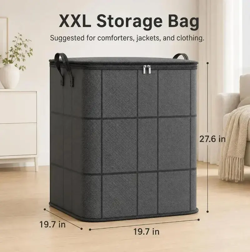 Large Fabric Storage Organizer (27.6x19.7x19.7in) - Zipper Access House Organizer for Quilts, Bedding, Sweaters, Room Storage & Closet Use, Moving Day Bin, Organizer Storage, House Organizers