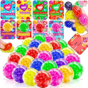 28 Pack Valentine’s Day Fidget Stress Balls with Cards – Classroom Valentine Exchange Gifts, Squeeze Stress Relief Toys, School Party Favors & Prizes for kids