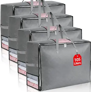 4Pack 105L Extra Large Blanket Storage Bags, Foldable Comforter Storage Bag for Bedding Pillow Sheet Clothes with Handles Zippers Clear Window Closet Organizers and Storages, Grey