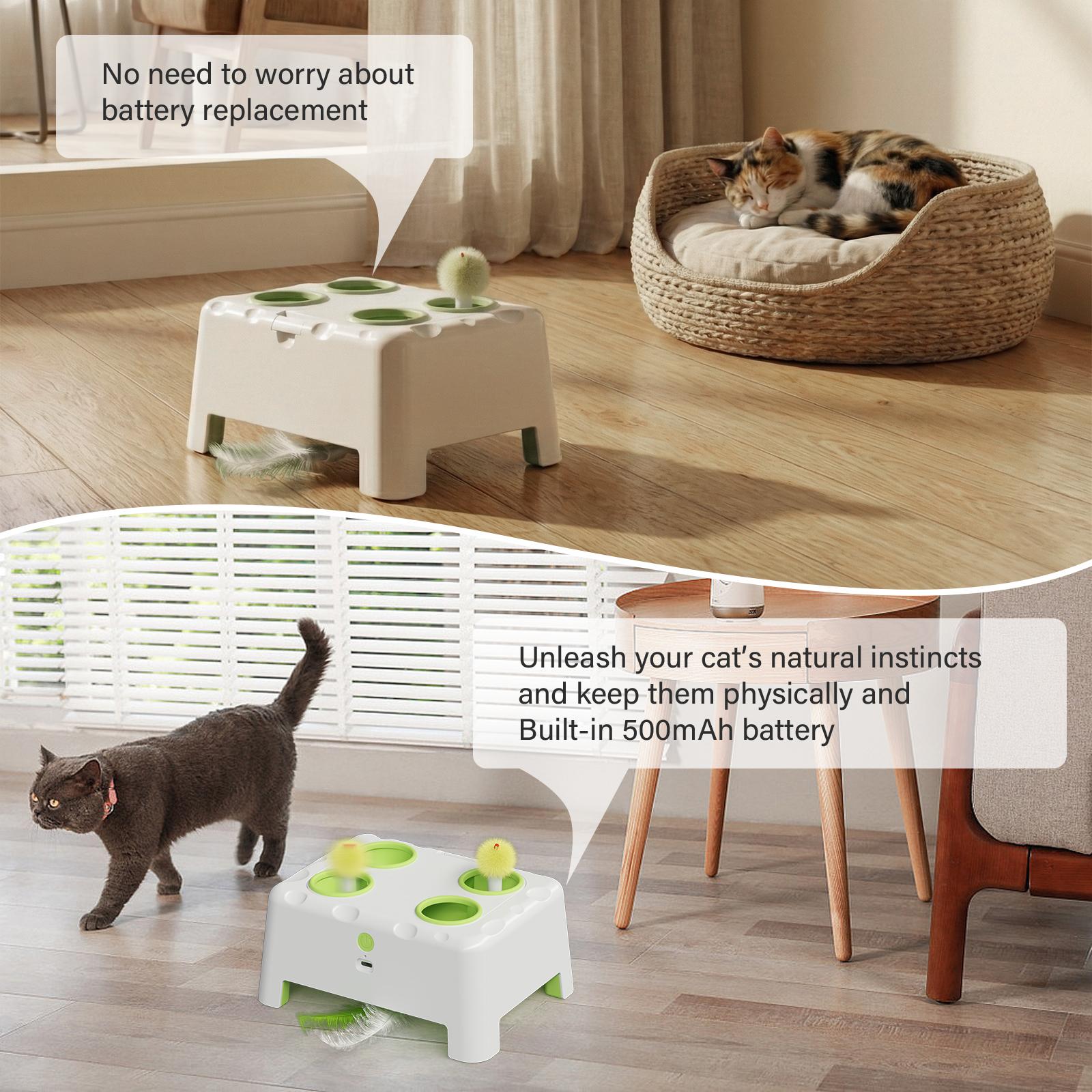 Happycode Cheese Magic House Interactive Cat Toy Designed for indoor cats Mole Whack + Feather play Dual stimulation Three switchable modes Type-C charging Suitable for both senior and kittens The perfect birthday gift for your cat