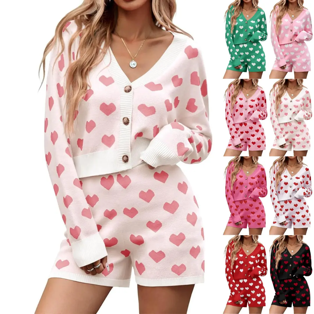 Imily Bela Womens Valentine's Day Sweater Sets Heart Knit Long Sleeve Cropped Cardigan and Shorts 2 Piece Outfits