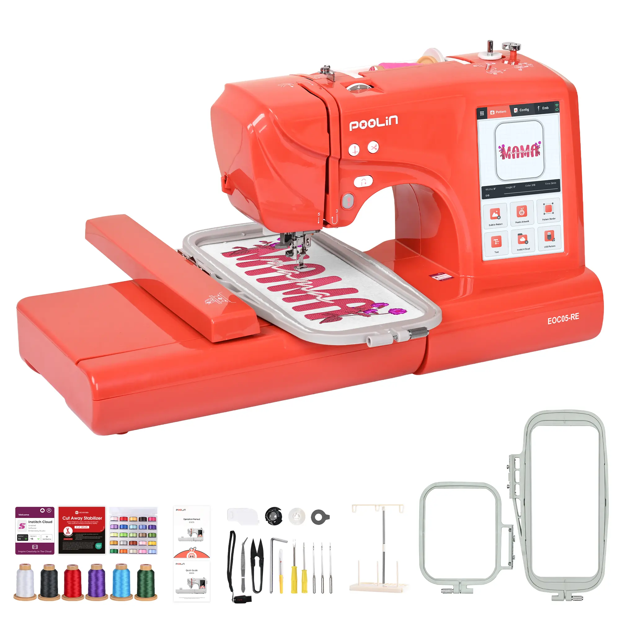 PooLin EOC05RE Computerized Automatic Embroidery Machine - Plastic Body, Touchscreen UI, Easy to Learn for Beginners, Small DIY Creations, Wi-Fi & USB Design Transfer, Learning