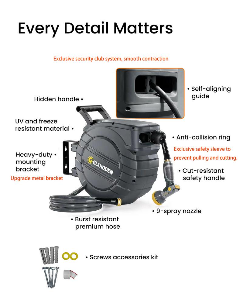 GLAHODEN Retractable Hose Reel 1/2 Inch x 50 ft&Metal bracket ，with 180° Swivel 9-Pattern Nozzle Automatic Rewind Slow Return System （Gardening gloves included）