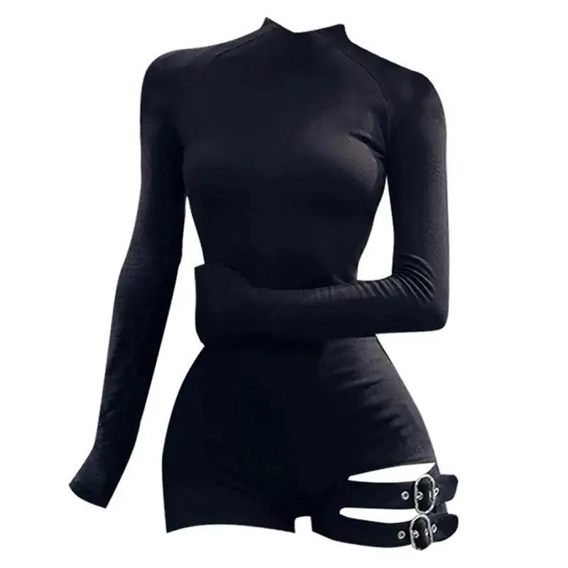Bandaged jumpsuit - tight fitting long sleeved jumpsuit, spicy girl jumpsuit, women's top, high neck sweater, basic black. Minimalists can pair it with a raincoat