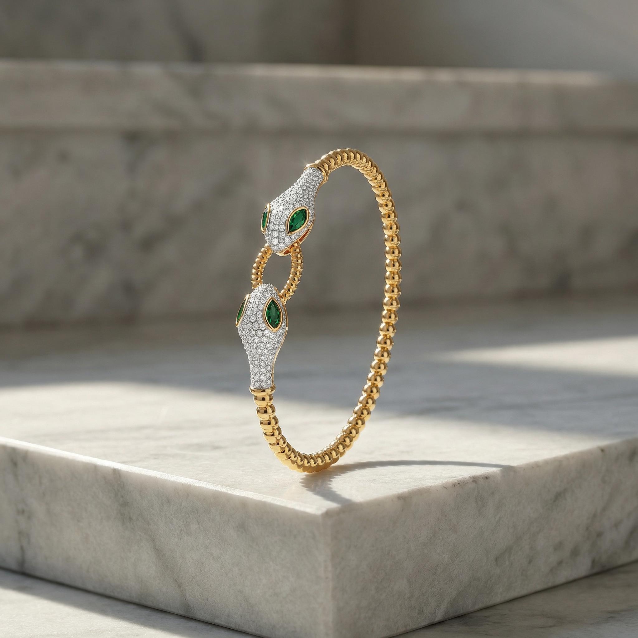 Aprilery Adjustable Snake Design Beaded Bracelet with Green Zircon and Two-Tone Gold and Silver Finish