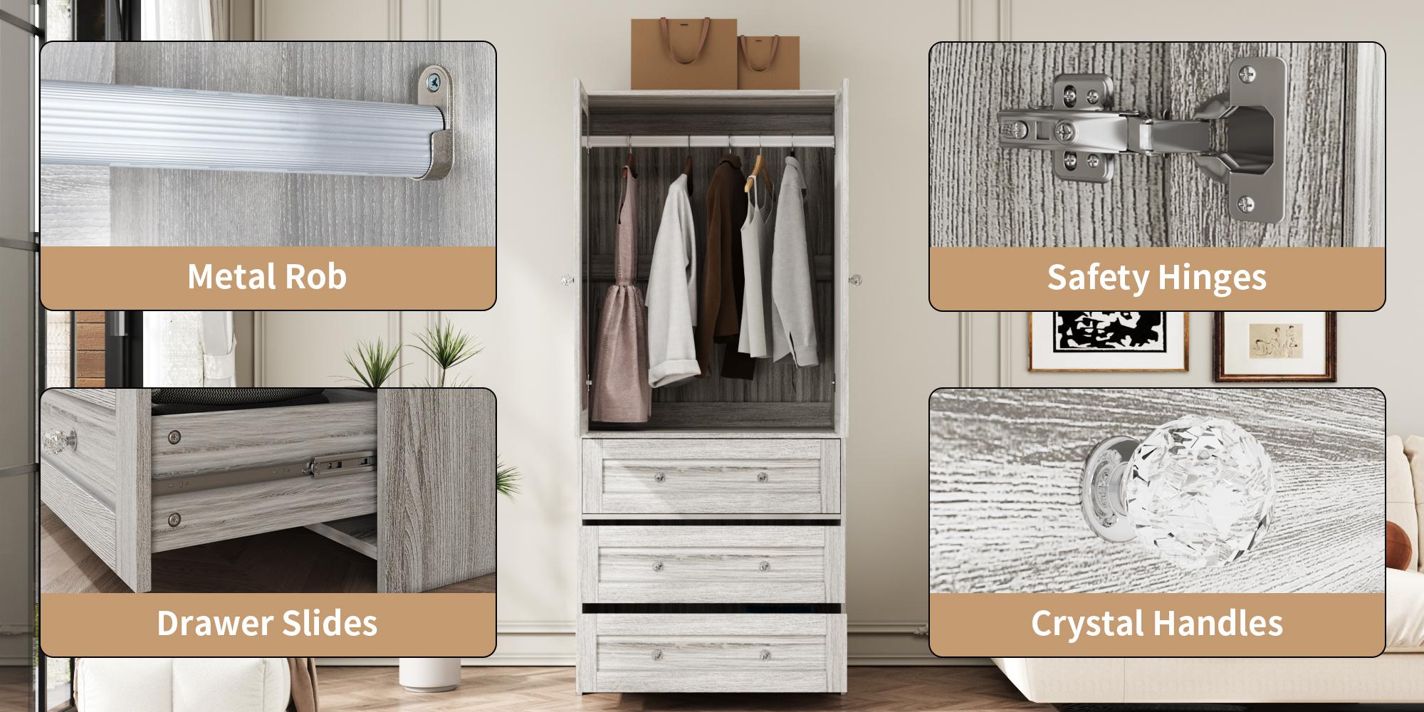 VOWNER Wooden Freestanding Wardrobe, 71" High Solid Wooden Bedroom Wardrobe with 2 Doors and 3 Drawers, With Hanging Rod, Bedroom, Living Room, White